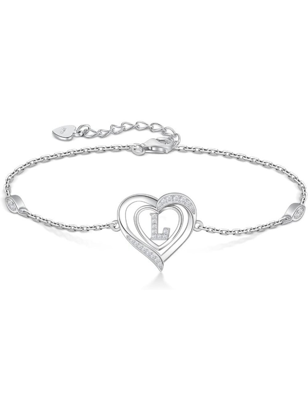 Personalized Heart Initial Bracelet for Women - 925 Sterling Silver Charm